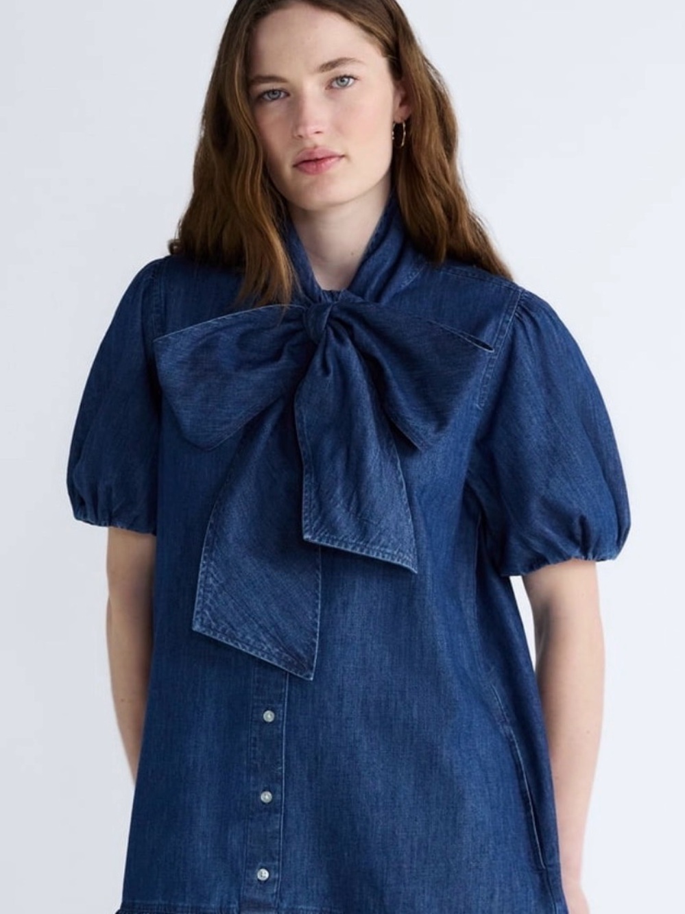 Bow-Neck Puff Sleeve Denim Tunic Top - Deep Blue